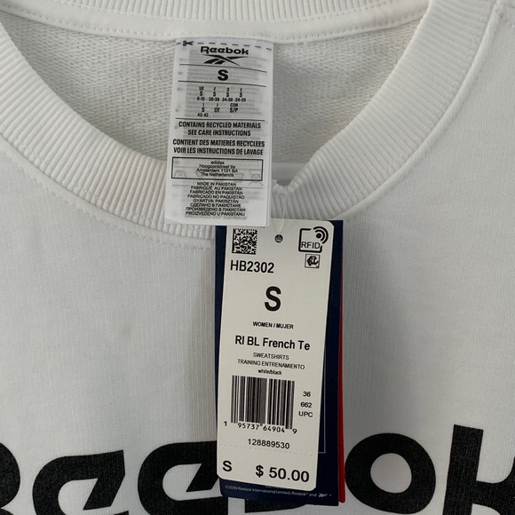 Women’s Reebok White Sweatshirt with Black Logo. Sz S NWT - Picture 3 of 7